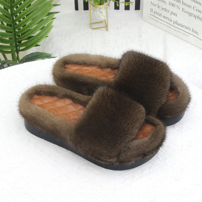 2026 Women Real Mink Fur Slippers Indoor Outdoor Luxury Shoes For Women Comfort Platform Fluffy Slipper Slides For Woman Summer