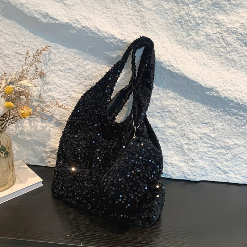Tote Bag for Women Sequin Shoulder Bag Trendy Hobo Bag Luxury Designer Handbag Slouchy Underarm Bag for Work Travel Shopping