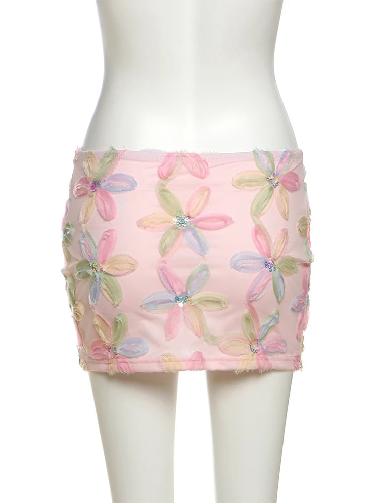 Weird Puss Colorful Flowers Skirts Women Sequins Patchwork Mesh Summer Trend Sweet Street Party Casual Holiday Chic Mini Bottoms