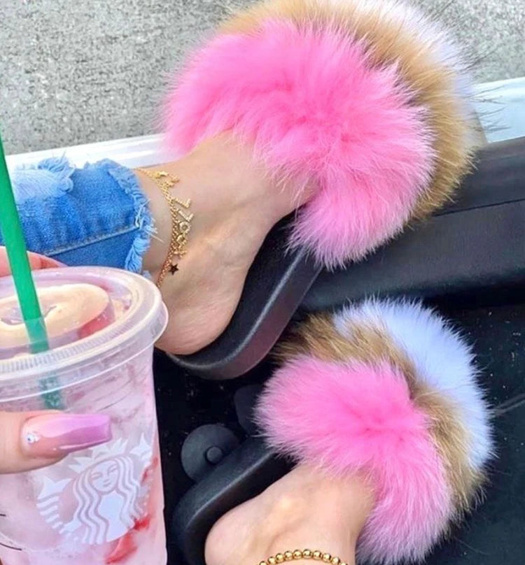Natural Fox Fur Slippers, Fashionable Outdoor Multi-Color Animal Hair Slippers, Women's Gifts, Soft EVA Sole Slippers, On Trend