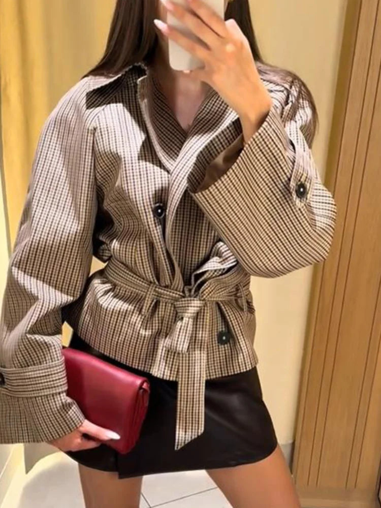 Plaid Cropped Trench Coat Lapel Collar Double Breasted Belted Waist Long Sleeve Women All-match Coats 2026 Autumn Commute Outfit