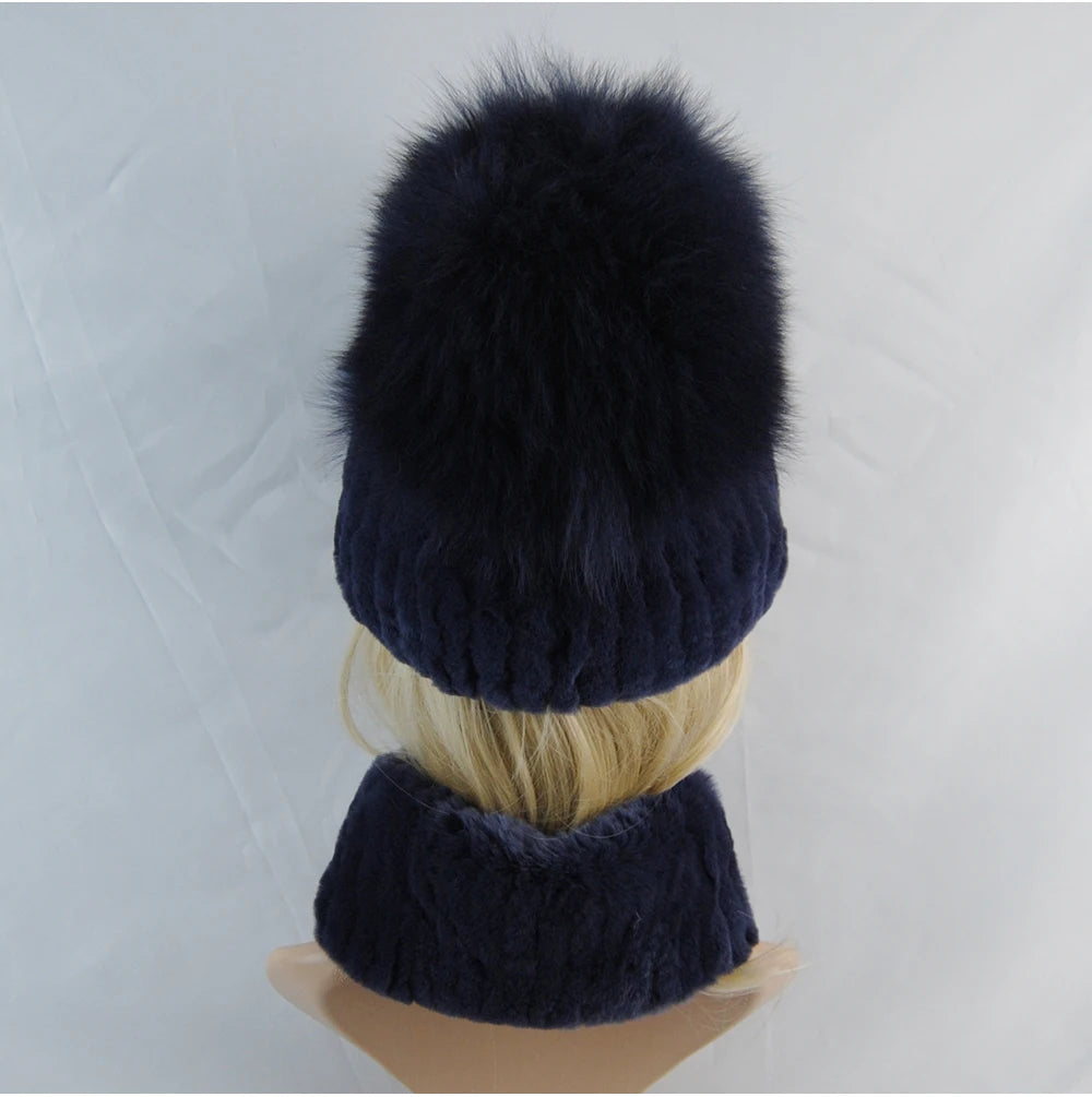 New Winter Lady Brand Hand Make Real Genuine Fox Fur Hat Scarf Girls Natural Real Rex Rabbit Fur Ring Cap Real Fur Scarves Hats