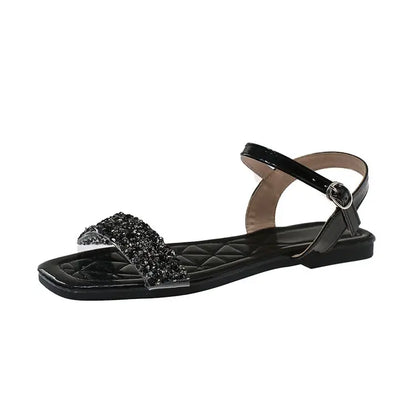 Luxury Crystal Square Toe Sandals Elegant Peep Toe Flat Slides Summer Fashionable Beach Shoes for Women