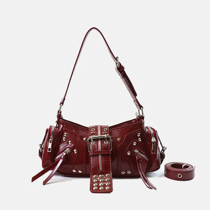 Women's Y2k Punk Vintage Shoulder Purse PU Leather Gothic Rivet Handbag Waist Bag Luxury Black Cross Body Bags with Spikes