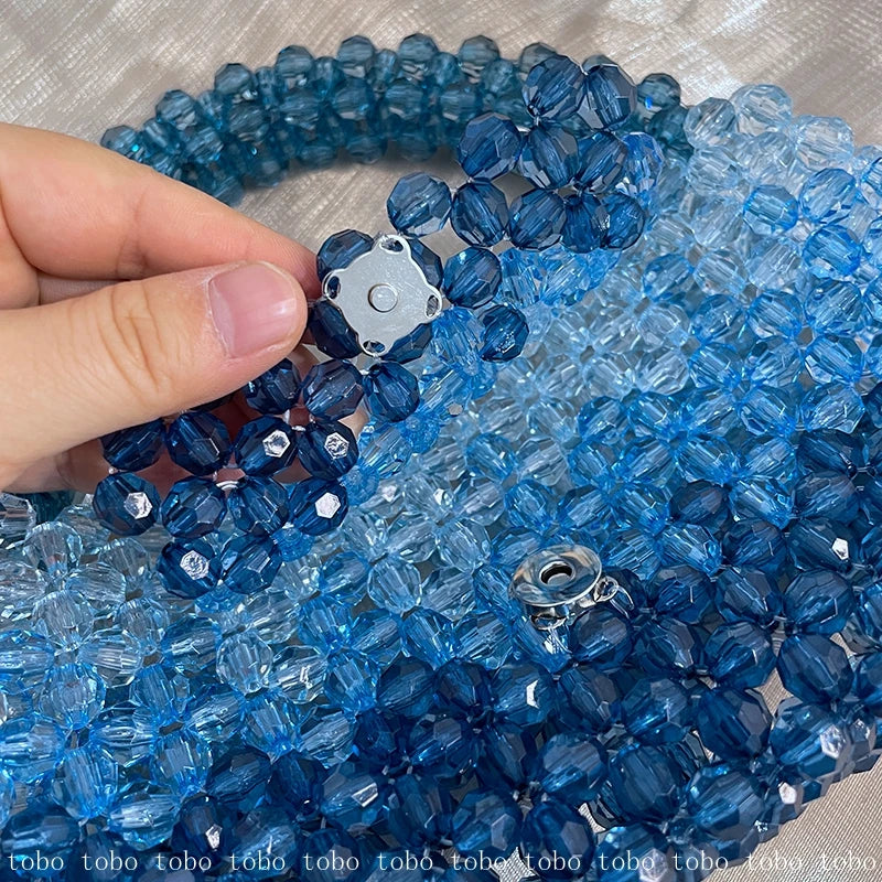 Gradient Blue Beaded Own Design Tote Bags for Women Customized Color Fashion Handbags for 2022 Chain Handle Clutch Evening Bag