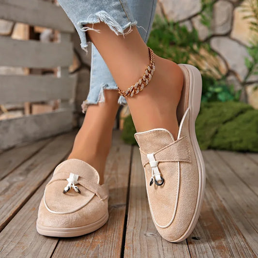 Four Seasons Women Suede Tassel Decor Backless Mule Loafers Non-Slip Flat Sole Slip-On Office Work Daily Casual Walking Shoes