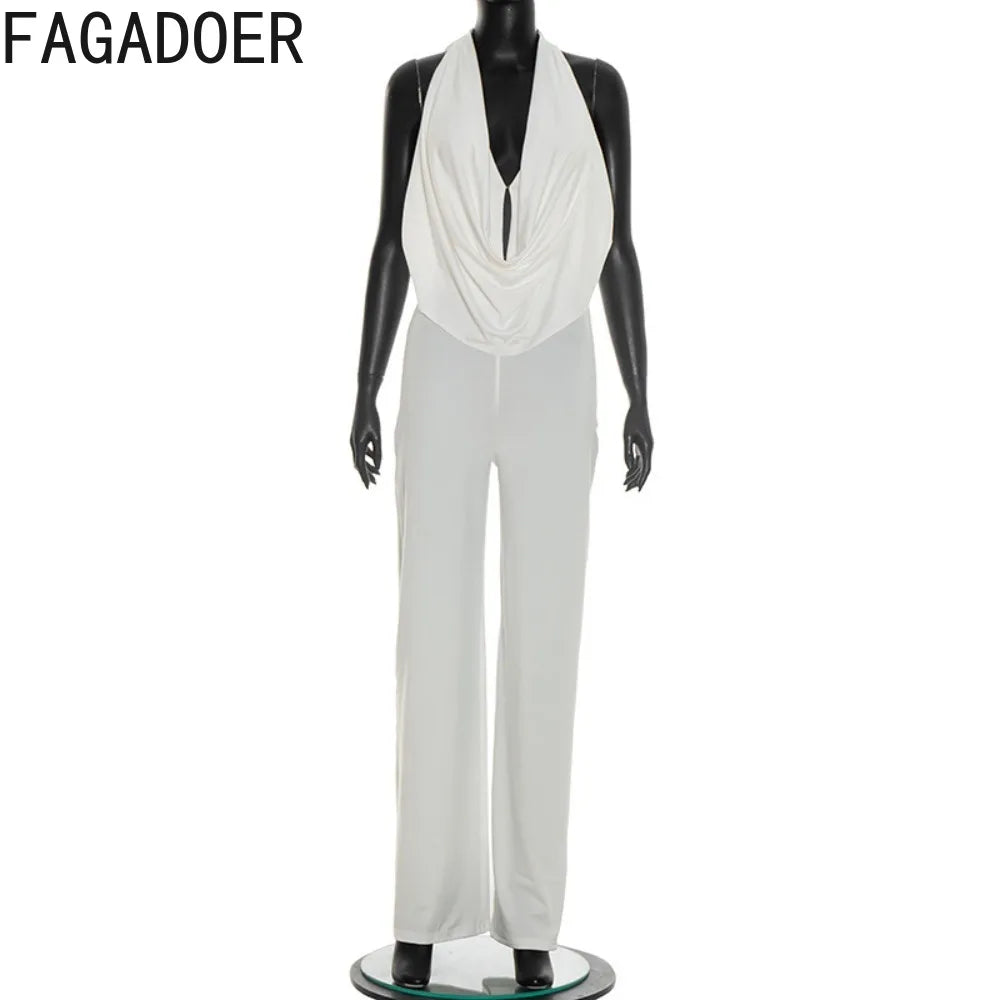 FAGADOER Sexy Solid Color Bodycon Jumpsuits Woman Halter Deep V-neck Sleeveless Backless Rompers Female Streetwear Overalls 2026