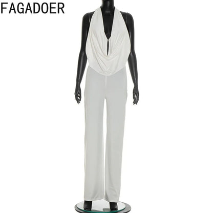 FAGADOER Sexy Solid Color Bodycon Jumpsuits Woman Halter Deep V-neck Sleeveless Backless Rompers Female Streetwear Overalls 2026