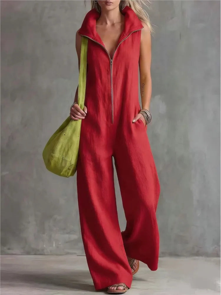 Summer New Fashion Zipper Lapel Short-sleeved Loose Women's Jumpsuit 2026 Loose Simple Pocket Casual Vacation Female Jumpsuit