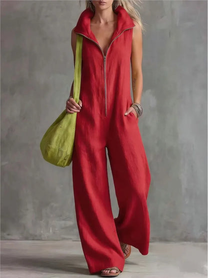 Summer New Fashion Zipper Lapel Short-sleeved Loose Women's Jumpsuit 2026 Loose Simple Pocket Casual Vacation Female Jumpsuit