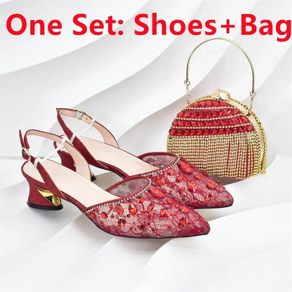 New Arrival African Wedding Shoes and Bag Set with Rhinestone Italian Design Shoes with Matching Bags Nigerian Lady Party Pumps
