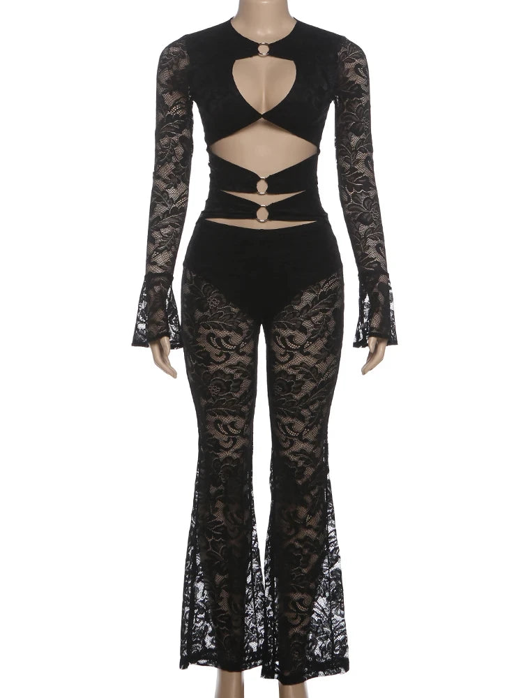 See Through Jumpsuits Woman Metal Rings Patchwork Hollow Design Sexy Full Sleeve Midnight Club Party Wild Style Overalls