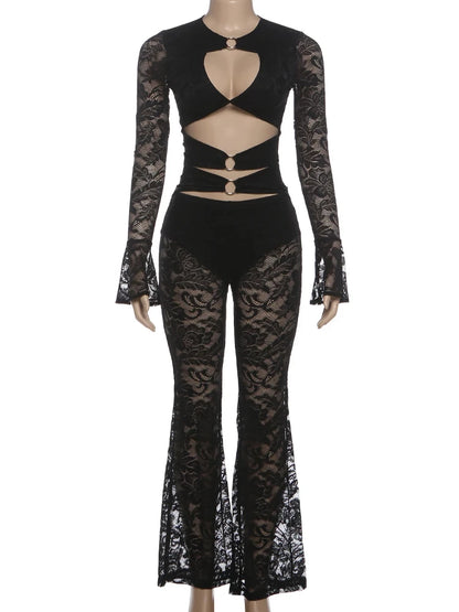 See Through Jumpsuits Woman Metal Rings Patchwork Hollow Design Sexy Full Sleeve Midnight Club Party Wild Style Overalls