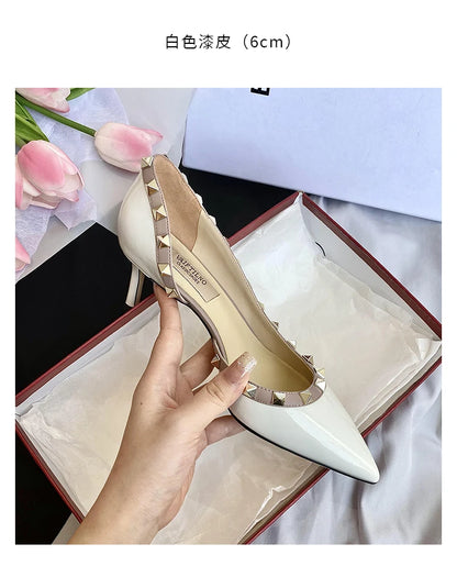 Luxury Brand Women's Shoes Woman Sandals Summer Rivets High Heels Side Empty Female Leather Fashion Prom Ladies Shoes Women 2026