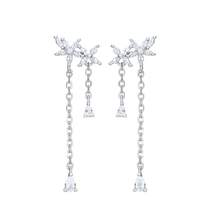 925 Sterling Silver Needle Long Chain Stud Earrings For Women Exquisite Zircon Geometric Tassel Pendant Earrings Luxury Jewelry