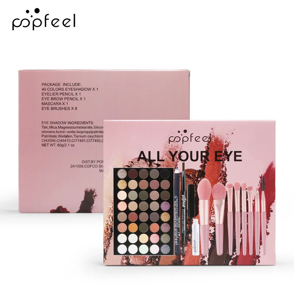 Essential Eye Makeup Set for Beginners Matte&Shimmer Eyeshadow Palette, Mascara, Eyebrow Pencil, Lip Eyeliner,Brush Tool Set Box