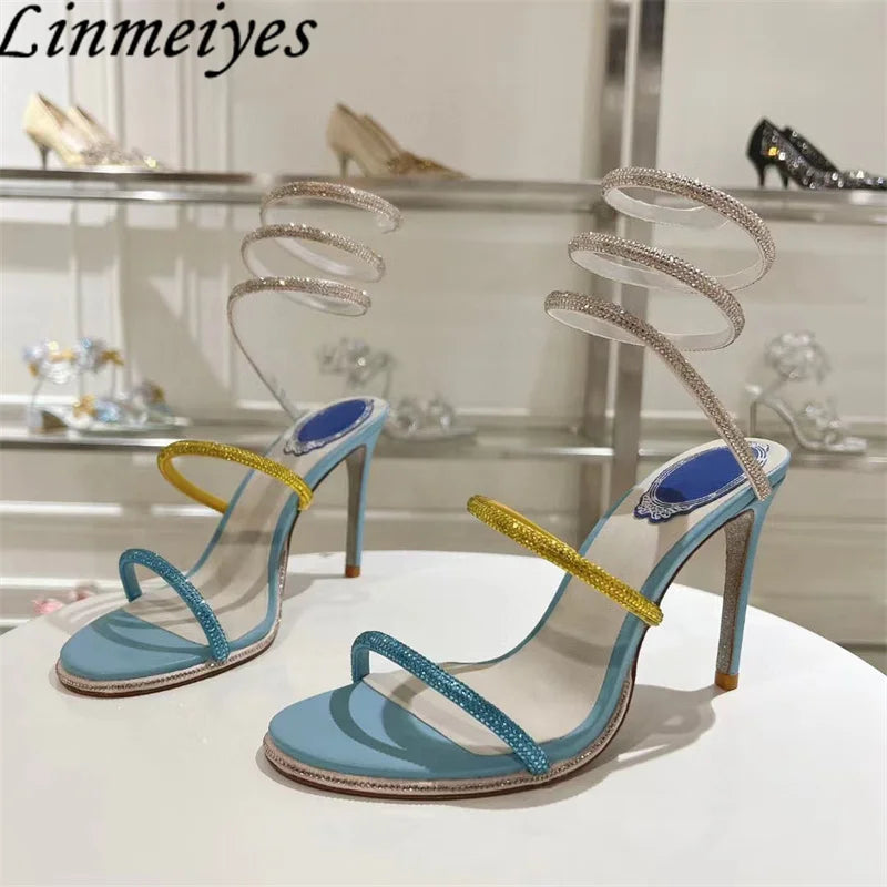 Summer Crystal Gladiator Sandals Women Rhinestone Twine Around Ankle Snake Wedding Shoes High Heels Sandals Woman