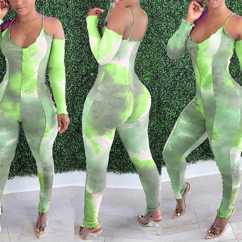 Foreign trade tie-dye print deep V-neck sexy camisole long-sleeved jumpsuit for women