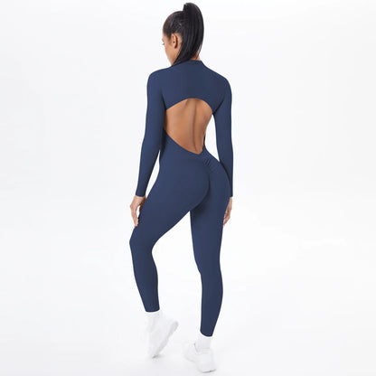 Solid Color Bodysuits for Woman's Backless Long Sleeved Zipper Yoga Jumpsuits High Dtrength Workout Sports Fitness Clothing Set