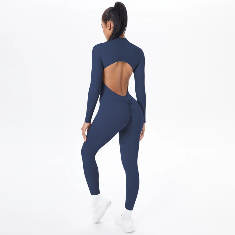 Solid Color Bodysuits for Woman's Backless Long Sleeved Zipper Yoga Jumpsuits High Dtrength Workout Sports Fitness Clothing Set