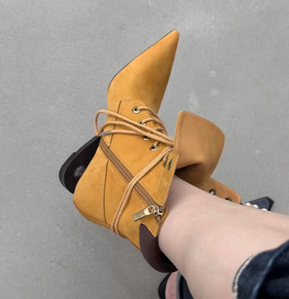 Brown Suede Pointed-Toe Ankle Boots Unique Heel Lace-Up Front Contrast Leather Collar Retro Western Style Lady Pointed-Toe Boots