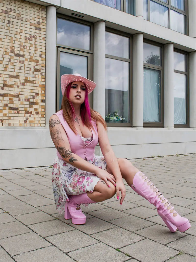 Onlymaker Women Pink Platform Multibuckle Strap Knee High Boots Big Size Comfy Female Side Zipper Mondern Boots