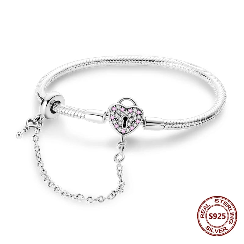 Silver 925 Bracelet Original Bracelets Colorful Zircon Heart Flower Cat Snake Chain For DIY Charms 17-20CM Luxury Jewelry Gifts
