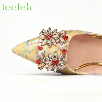 Newest Green Color Print Design High Heels Decorated with Water Rhinestone Party Women's Shoes and Bags Set