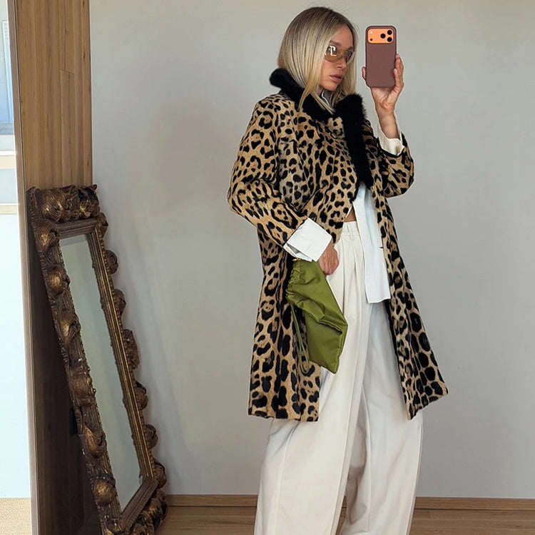 Vintage Leopard Print Coat Women Faux Fur Trim Collar Long Sleeve Loose Mid-length Warm Jacket Club Street Ladies Outerwear