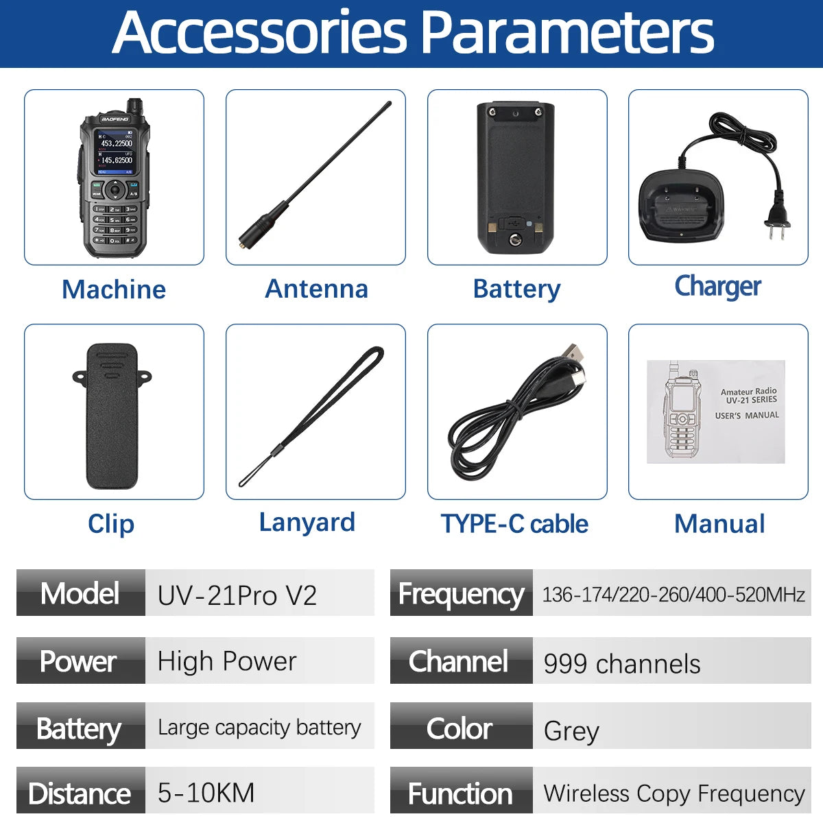 Baofeng UV-21 Pro V2 Wireless Copy Frequency Tri Band Powerful Waterproof Long Range UV-5R Long Range Type-C Two Way Ham Radio