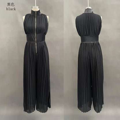 Sexy Deep V Neck Hollow Zip Jumpsuit Women's Spring Solid High Waist Wide Leg Romper Summer Sleeveless Pleated Vacation Overalls