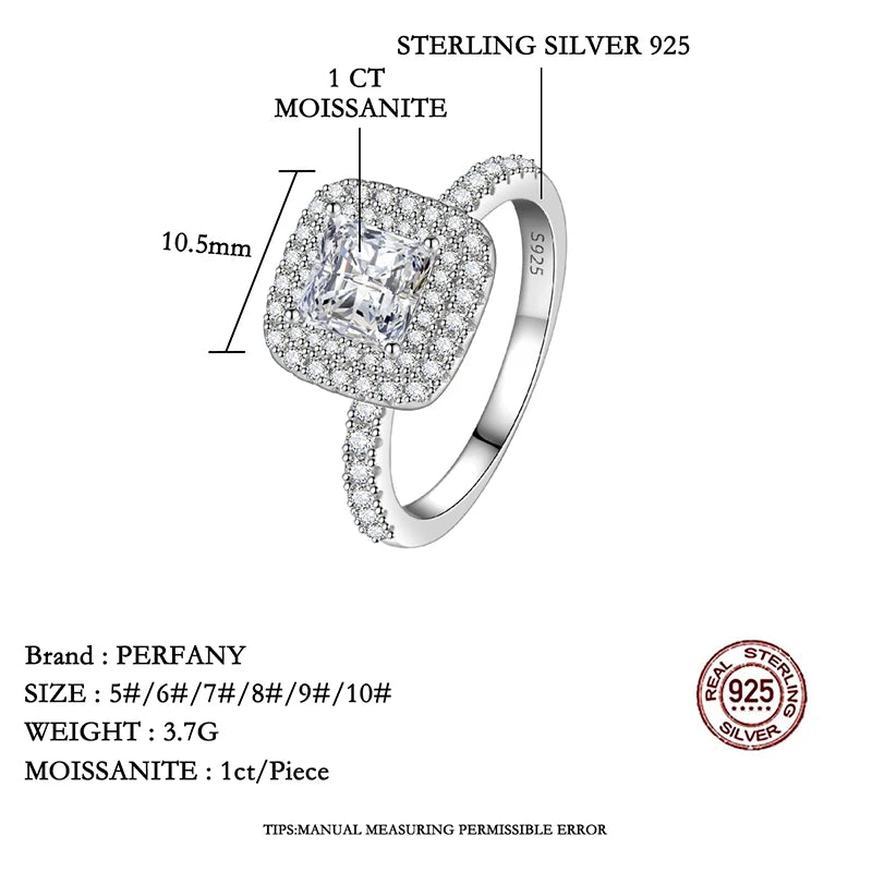 PERFANY 1CT Princess Square Cut Moissanite Ring Women S925 Pure Silver Laboratory Diamond Wedding Fashion Luxury Jewelry