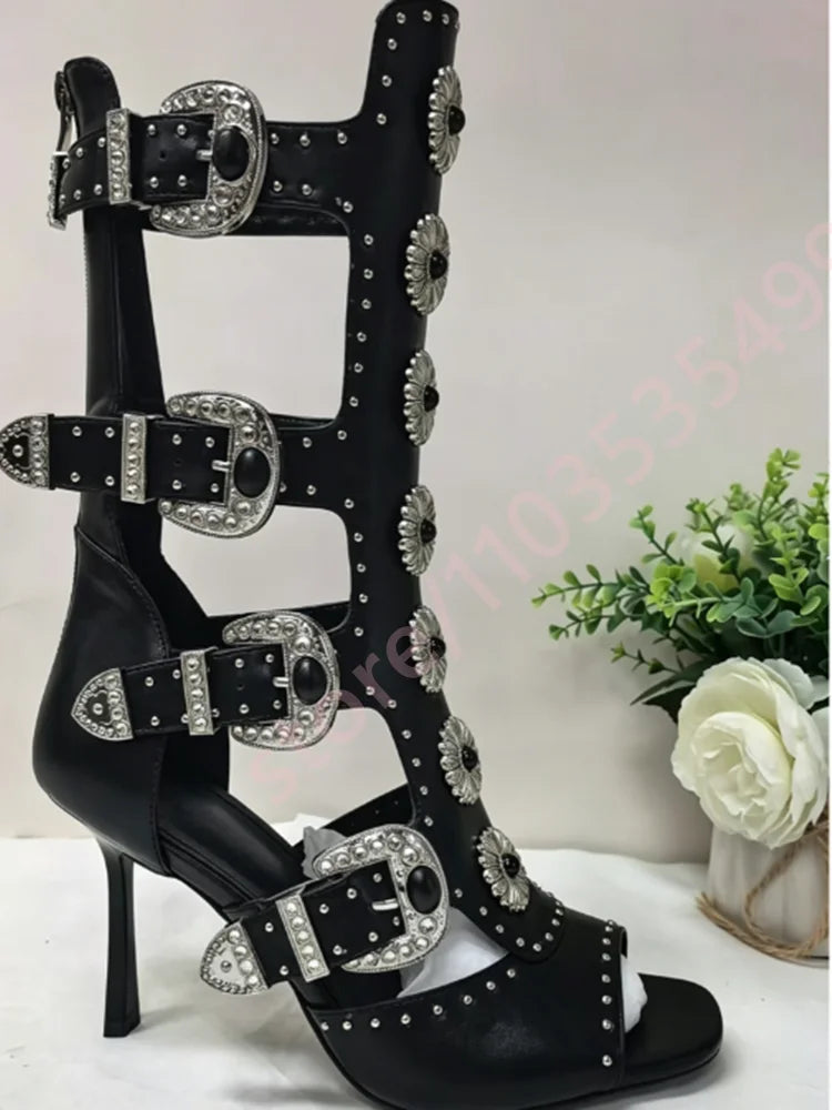 Women's 2026 Peep Toe Rhinestone Buckle Cutout Gothic Floral Mid-Calf Boots Punk Motorcycle Party Shoes with Rivets