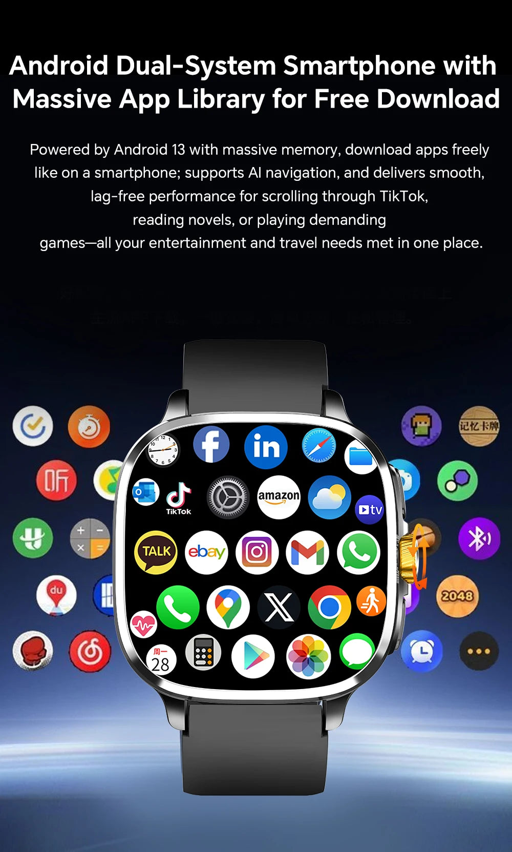 Global Version Smartwatch 2.4 inch Amoled Screen insert Sim Card GPS WIFI 190° Rotating Camera Game Android 13.0 Smart Watch