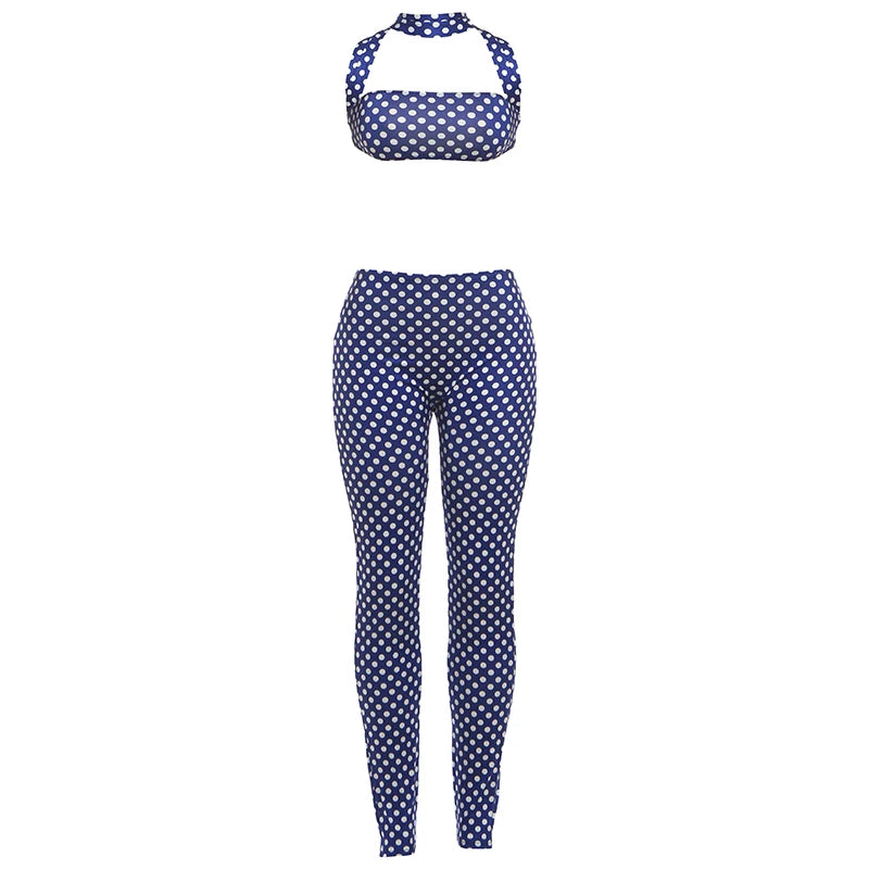 Nibber Hottie Women Dot Print 2 Piece Set Tracksuit Sexy Backless Halter Tank Tops+Leggings Matching Streetwear Stretch Outfits