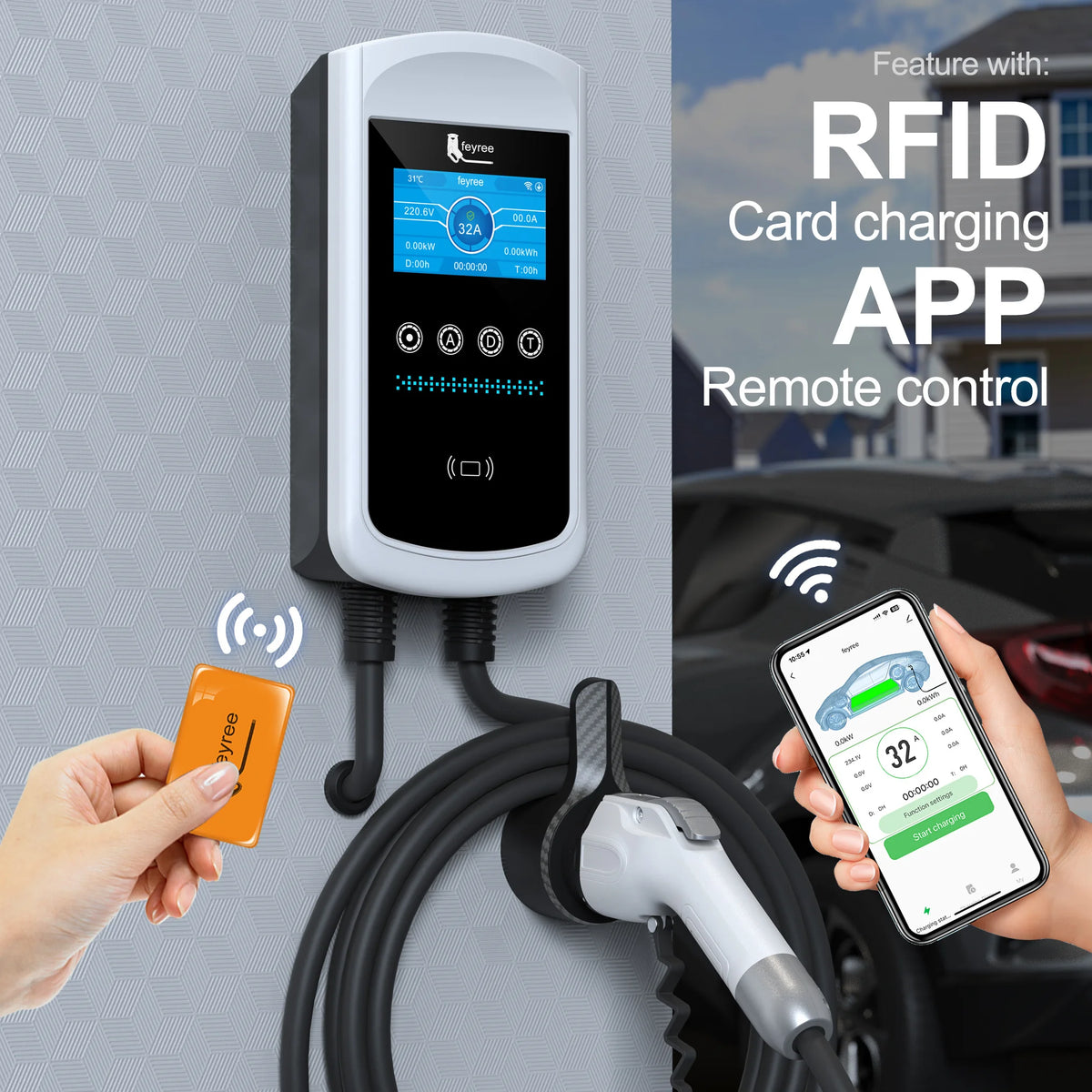 Feyree GB/T EV Charger 7.6kw 32A Dynamic Load Balancing Wallbox 4.3inch LCD Wifi APP Charging Log 11KW 22KW 3P Charging Station