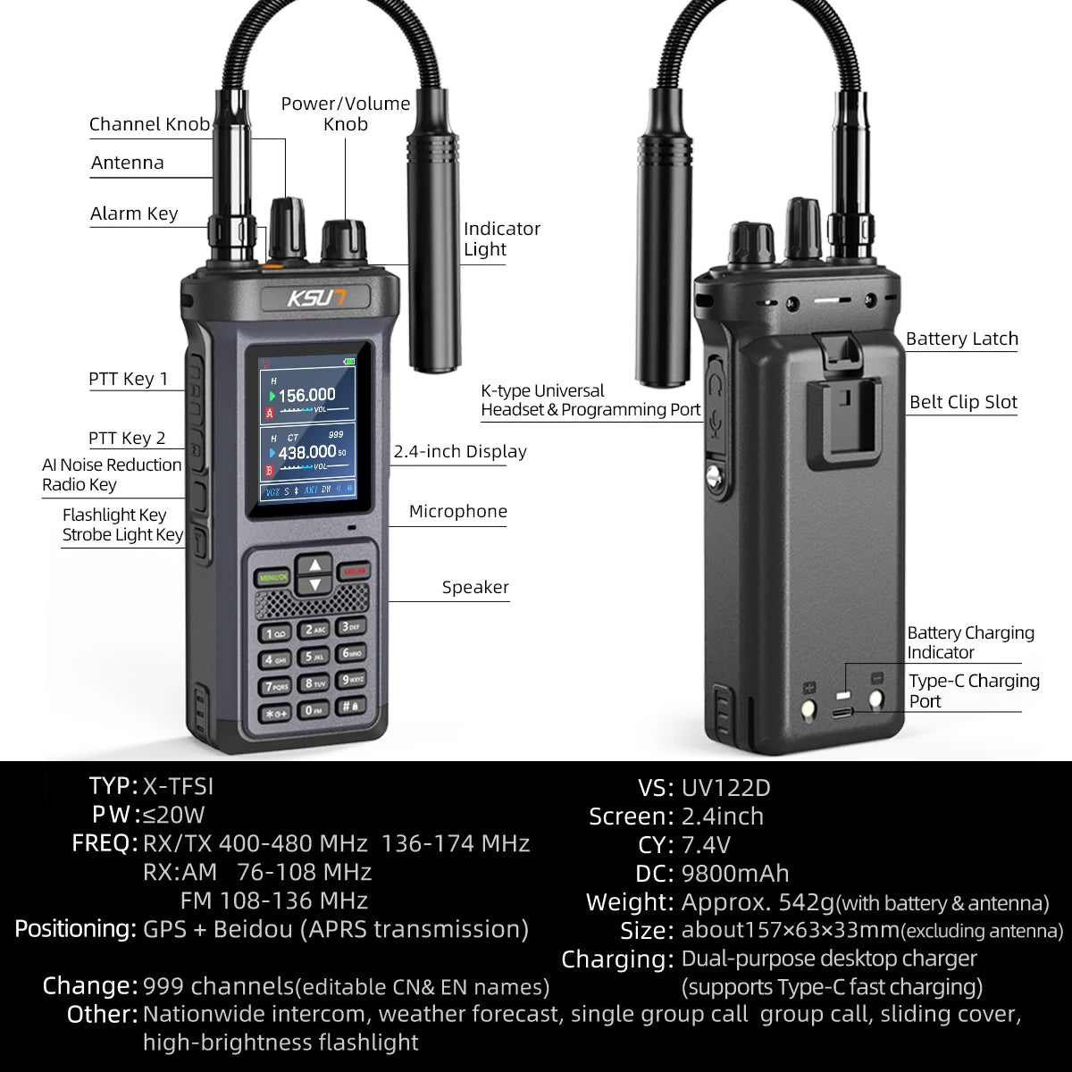 KSUN UV122D Portable Walkie Talkie 20W High Power Walkie Talkie UV Reception for AM Aviation/NOAA Long Range Two Way Radio