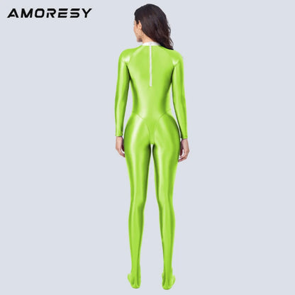 AMORESY satin Glossy Tights Long sleeved color blocked tight jumpsuit XClocKNYoung series Hot Spring Sports Yoga Tights
