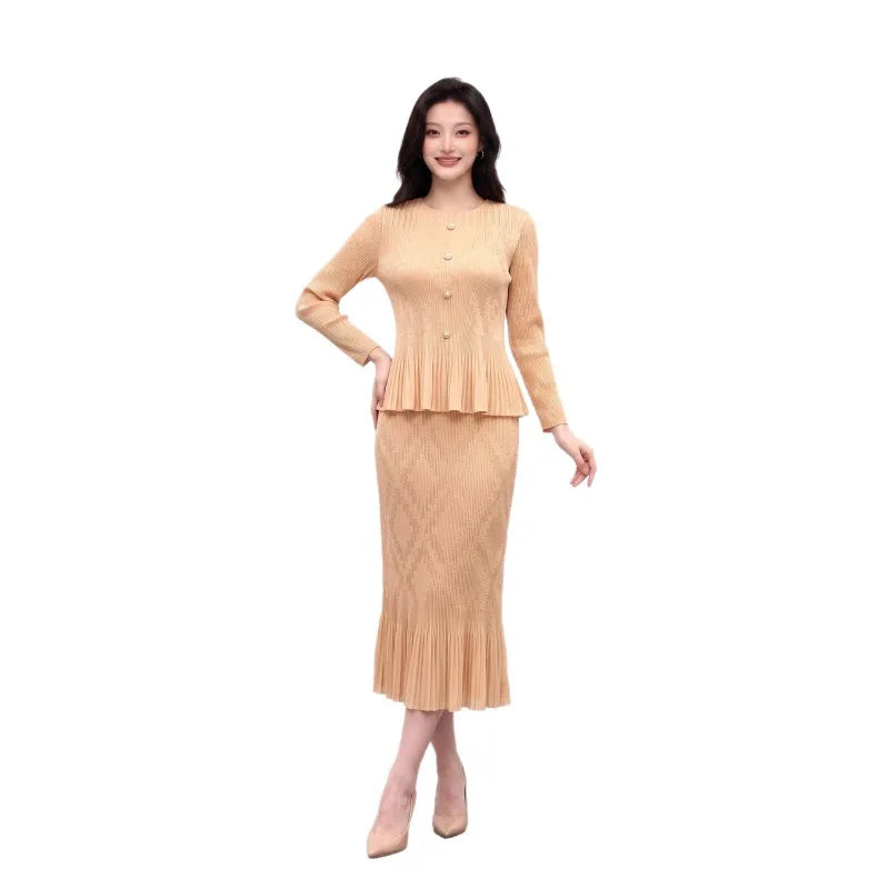 Miyake Pleated Skirt Set Plisse 2026 Autumn New Single-Breasted Flared Long Sleeve Cardigan Top Length Set Slim Fit Versatile