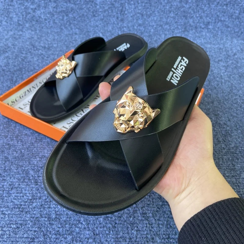 size38-48 original shoes brand summer leather slides for man black brown fashion shoes for mens slippers business beach slippers