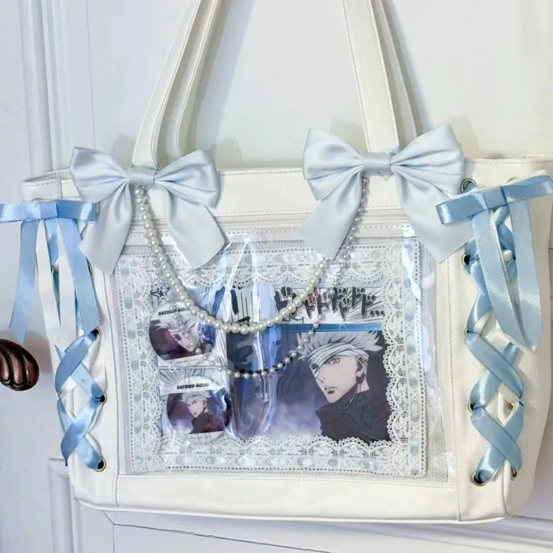 New Japanese Cute Sweet Ribbon Ita Bag Lolita Girls Transparent Handbags Fashion Large Capacity Tote Bag Aesthetic Shoulder Bags