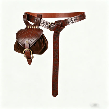 Medieval Waist Bag Retro PU Leather Elf Leaf Copper Coin Waist Bag Belt Accessories Renaissance Dress Belt Waist Bag Props