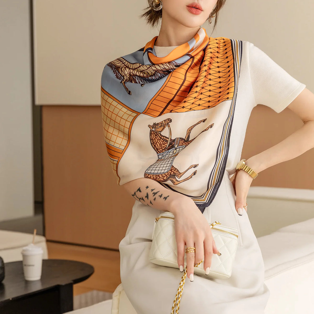 Luxury Horse Print Square Scarf Vintage Imitation Silk Shawl Scarf  Women Windproof Outdoor Head Wrap 110*110cm \[p'[;