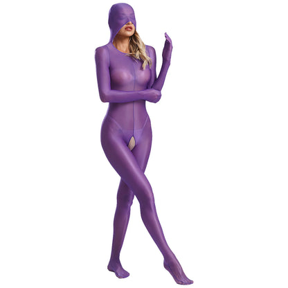 Women Glossy Full Bodystockings Covering Bodysuit with Gloves See Through Hollow Out Pouch Enhancing Bodysuit Footed Jumpsuit