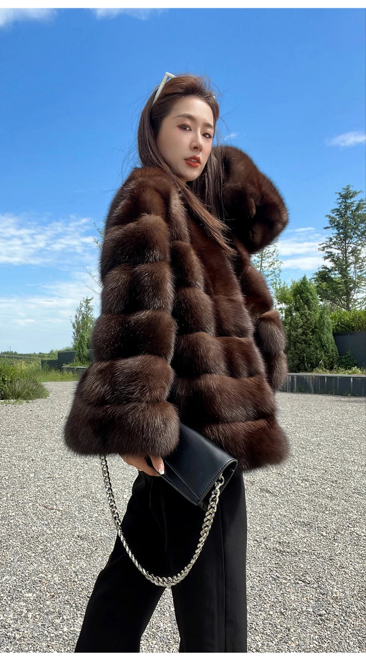 Lautaro Autumn Winter Elegant Luxury Chic Thick Warm Striped Hairy Faux Sable Fur Coat Women V Neck High Quality Fluffy Jacket