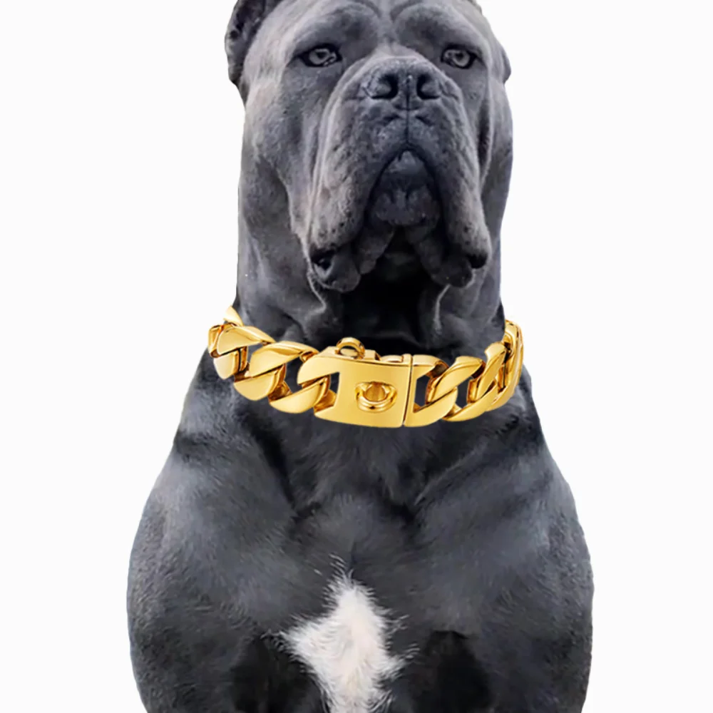Large Dog Collar 32mm Metal Pet Choker Gold Silver Stainless Steel Chain Dog Accessories for Cane Corso Labrador Rottweiler