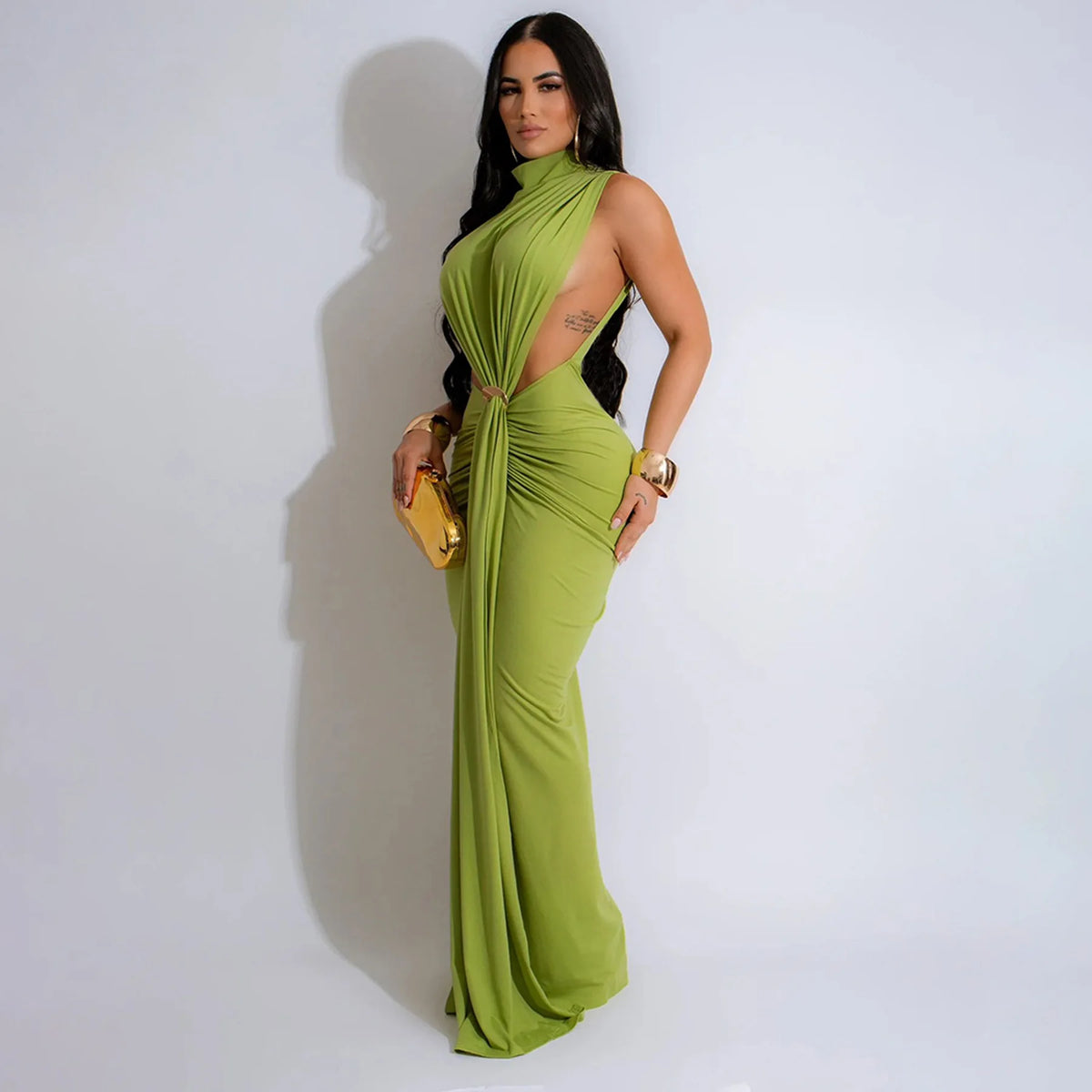 CM.YAYA Women O-neck High Split Ruched Stacked Bodycon Midi Maxi Dress 2024 Evening Party Club Vestidos Sexy Chic Long Dresses