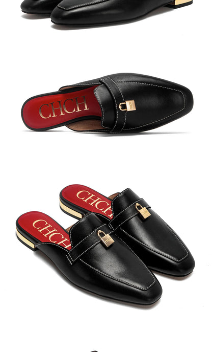 CHCH Women's Muller Shoes 2026 New High Quality Cow Leather Women's Flat Shoes Round Head
