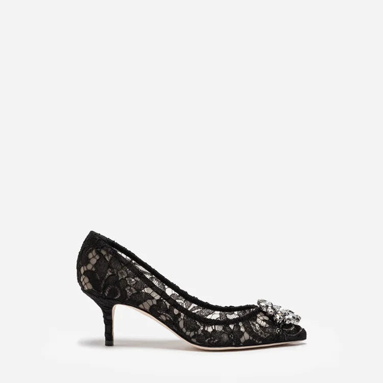 Mesh lace high-heeled shallow mouth shoes 2026 new pointed crystal buckle slim heel fashionable banquet women's single shoes