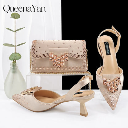 Queen Yan Green Color Rhinestone Comfortable Women's Pumps Heels And Bag Fashion Style Pointed-Toe Shoes For Farty  Occasion